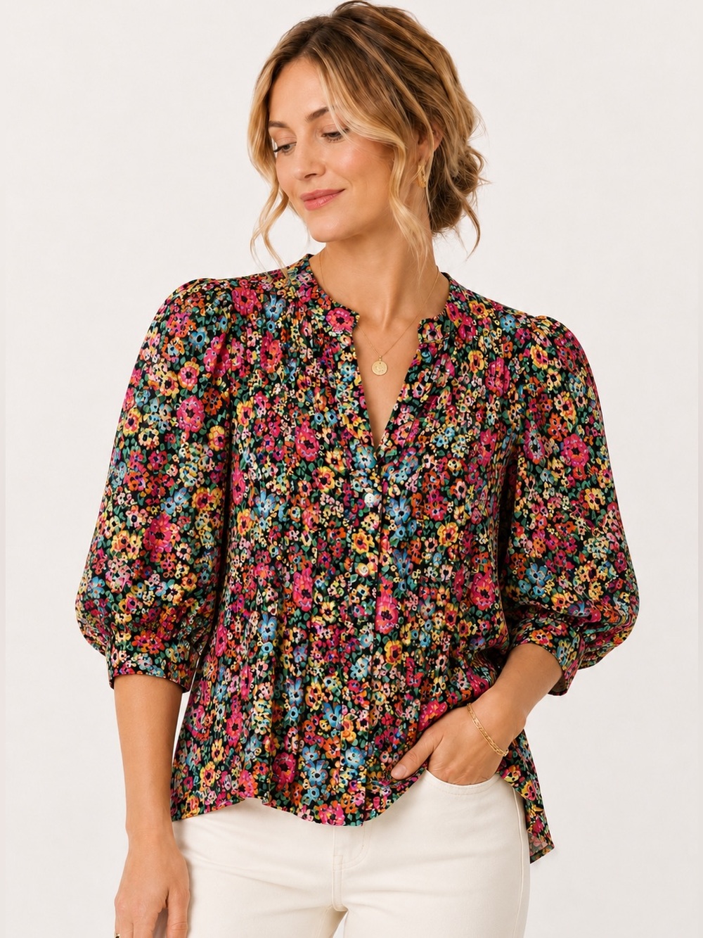 Dear John XL Floral Pintuck Blouse Puff Sleeve Split Neck Boho Cottagecore